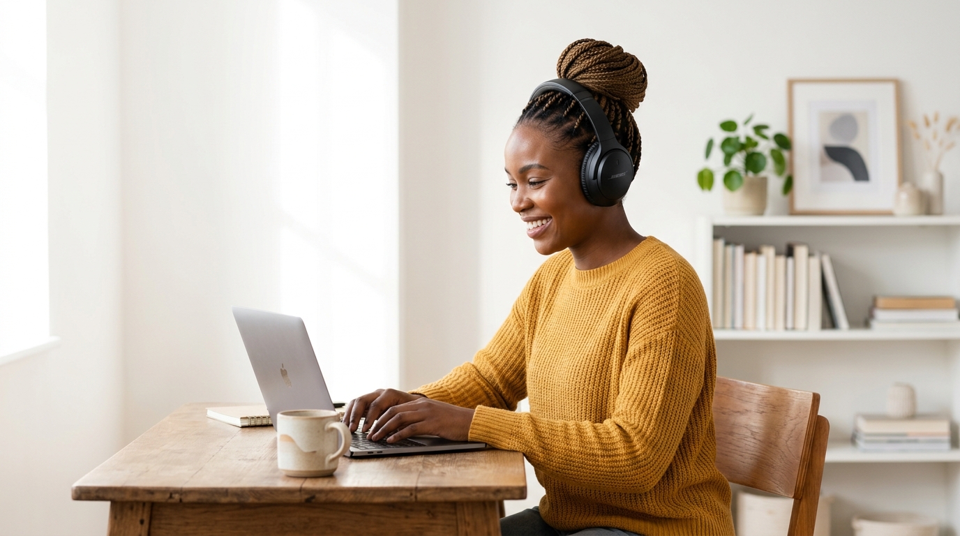 Online learning student with headphones at desk